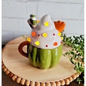 Pumpkin Mug‎ With LED Light Up Whipped Cream Fall Ceramic Green Autumn Decor